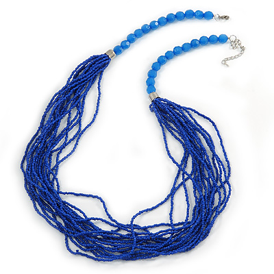 Light Blue/ Violet Blue Multistrand Glass Bead Necklace With Silver Tone Closure - 70cm L/ 7cm Ext - main view