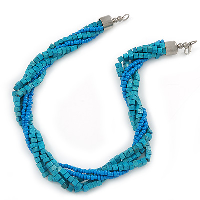 Teal Square Wood And Blue Off Round Glass Bead Multistrand Twisted Necklace In Silver Tone - 44cm L - main view