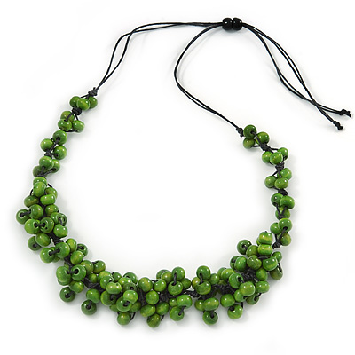 Apple Green Wood Bead Cluster Black Cotton Cord Necklace - 72cm L - main view