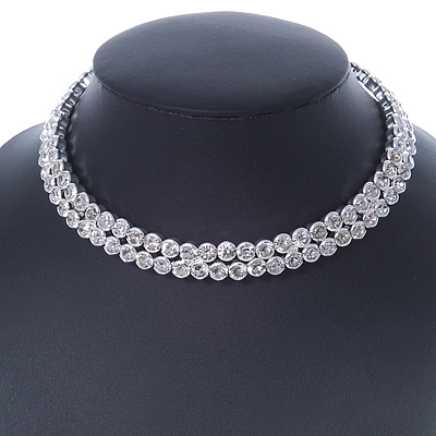 2-Row Clear Austrian Crystal Choker Necklace In Rhodium Plating - 39cm L/ 6cm Ext - main view