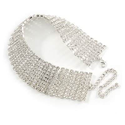 Statement 9 Row Clear Crystal Choker Necklace In Silver Tone - 28cm L/ 10cm Ext - main view