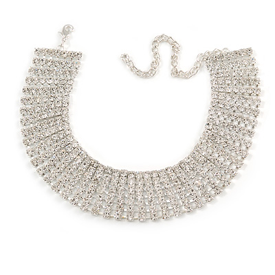 Statement 7 Row Clear Crystal Choker Necklace In Silver Tone - 27cm L/ 11cm Ext - main view