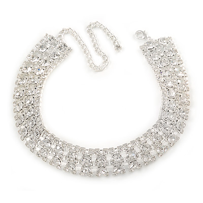 Statement Clear Crystal Choker Necklace In Silver Tone Metal - 28cm L/ 12cm Ext