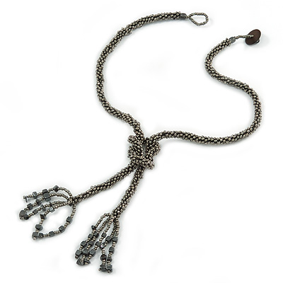 Grey Metallic Glass Bead Tassel Necklace - 50cm L/ 13cm L Tassel - main view