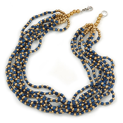 Multistrand Dark Blue/ Gold Acrylic Bead Necklace - 45cm L - main view