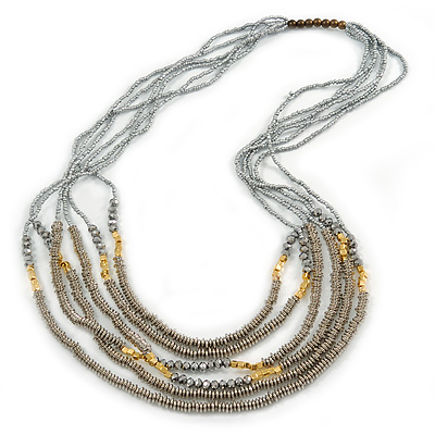 Silver/ Grey/ Metallic Multistrand Glass Bead Long Necklace 74cm L 