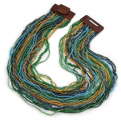 Light Blue/ Gold/ Green Glass Bead Multistrand, Layered Necklace With Wooden Square Closure - 60cm L - main view