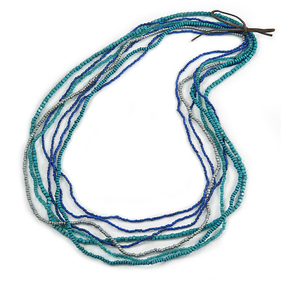Long Multistrand Teal, Grey, Blue Glass/ Wood Bead Necklace - 100cm L - main view