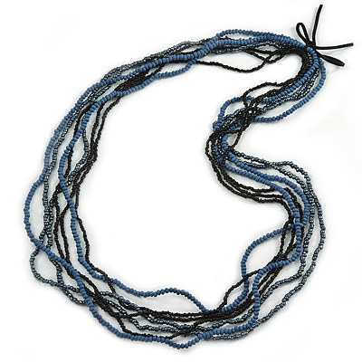 Long Multistrand Black, Hematite, Blue Glass/ Wood Bead Necklace - 100cm L - main view
