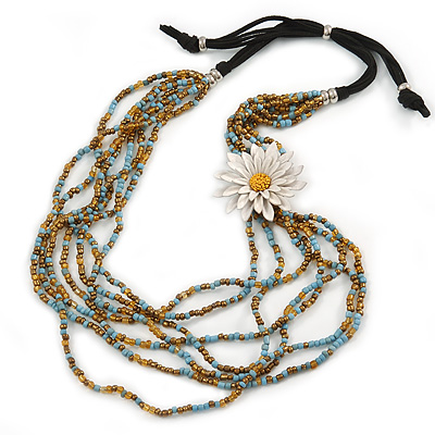 Light Blue/ Gold Glass Bead with White Leather Flower Black Sued Cord Multistrand Necklace - 90cm L - main view
