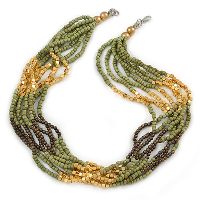 Multistrand Olive/ Brown/ Gold Acrylic, Glass Bead Neckace - 54cm L - main view