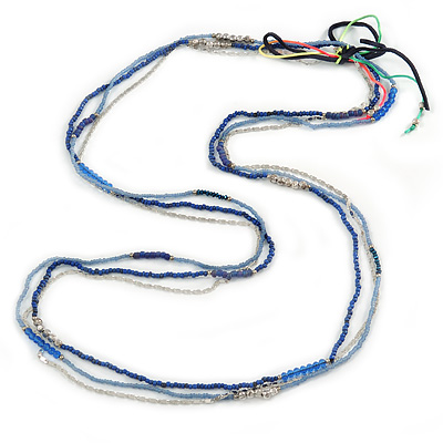 3 Strand Blue Glass, Acrylic and Silver Tone Metal Bead Long Necklace - 100cm L