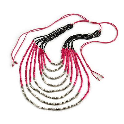 Long Multistrand, Layered Deep Pink Wood/ Black Glass Bead Necklace with Pink Suede Cord - Adjustable - 110cm/ 140cm L - main view
