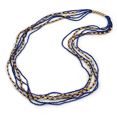 Long Multistrand Inky Blue Glass, Gold Acrylic Bead Necklace - 100cm L - main view