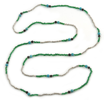 Extra Long Green/ Blue/ Black Glass, Silver Acrylic Bead Necklace - 160cm L - main view