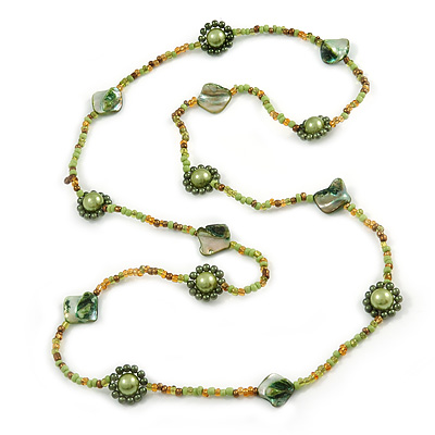 Long Green/ Lime/ Olive Green Glass, Pearl, Sea Shell Bead Necklace - 102cm L - main view