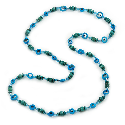 Long Teal/ Light Blue Wood, Glass Bead Necklace - 114cm L - main view