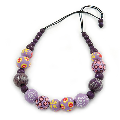 Lilac/ Purple Wood Bead Black Cotton Cord Necklace - 66cm L - main view