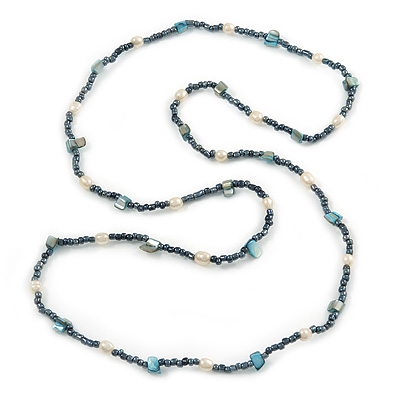 Hematite Glass Bead, Freshwater Pearl and Shell Nugget Long Necklace - 108cm L