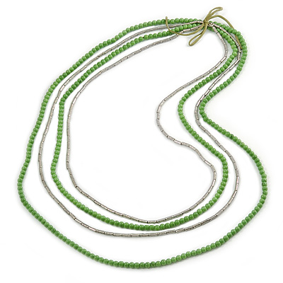 4 Strand Multilayered Pea Green Ceramic and Silver Tone Acrylic Bead Necklace - 110cm L - main view