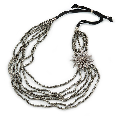 Metallic Silver Bead with Grey Leather Flower Black Sued Cord Multistrand Necklace - 90cm L