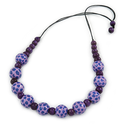 Purple Wood Bead with Black Cotton Cord Necklace - 68cm L - main view