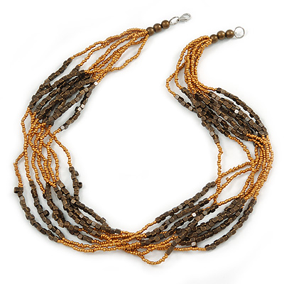 Multistrand Glass/ Acrylic Bead Necklace (Gold, Brown) - 59cm L - main view
