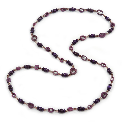Long Inky Blue Wood, Purple Bone, Glass Bead Necklace - 120cm L - main view