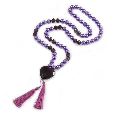 Long Purple Glass Bead with Heart Pendant/ Silk Tassel Necklace - 84cm L/ 11cm Tassel