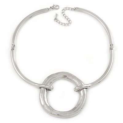 Ethnic Silver Plated Hammered Circle Pendant Bar Necklace - 42cm L/ 8cm Ext - main view