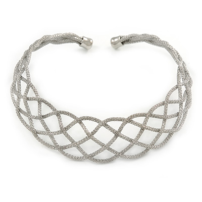 Silver Tone Textured Plaited Choker Necklace - Adjustable - main view