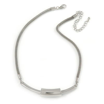 Silver Plated Mesh Chain, Curvy Bar with Sliding Tunnel Pendant Necklace - 40cm L/ 8cm Ext