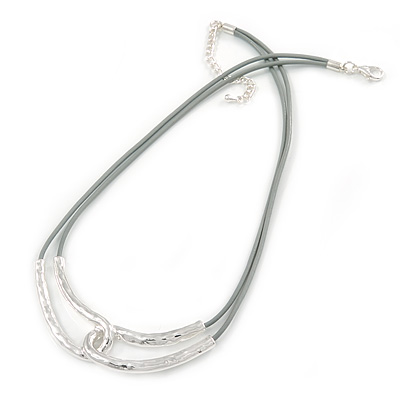 Hammered Double Loop Pendant with Light Grey Leather Cords Necklace In Light Silver Tone - 40cm L/ 7cm Ext - main view