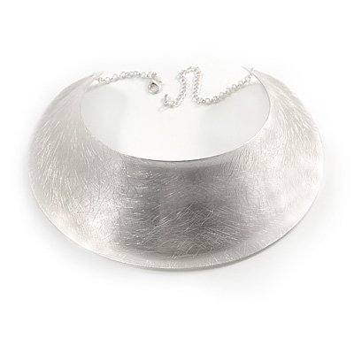 Chunky, Egyptian Style Light Silver Plated Scratched Choker Necklace - 32cm L/ 11cm Ext - main view