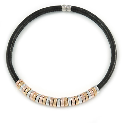 Black Leather with Gold/ Silver/ Rose Gold Rings Magnetic Necklace - 43cm L