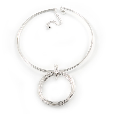 Light Silver Tone Multi Wire with Open Cut Round Pendant Necklace - 44cm L/ 7cm Ext - main view