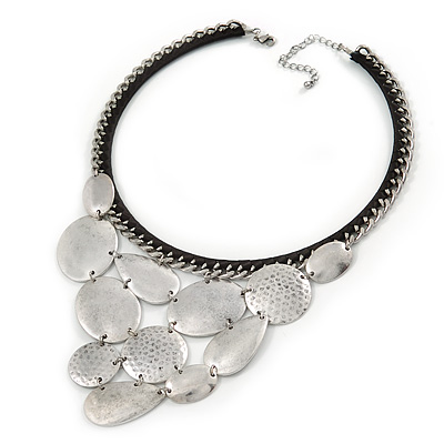 Statement Bib Style Choker Necklace with Black Ribbon In Silver Tone - 45cm L/ 5cm Ext - main view