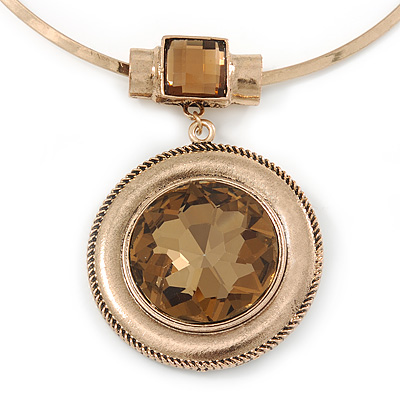 Large Round Champagne Glass Medallion Pendant with Gold Plated Metal Bar Necklace - 45cm L - main view