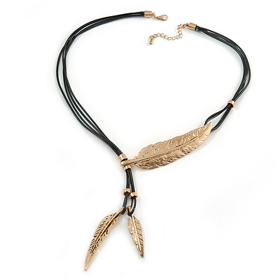 Vintage Inspired Gold Tone Feather Pendant with Black Waxed Cords - 50cm L/ 4cm Ext - main view