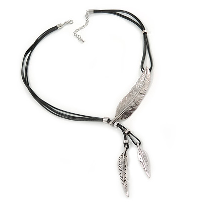 Vintage Inspired Silver Tone Feather Pendant with Black Waxed Cords - 50cm L/ 4cm Ext - main view