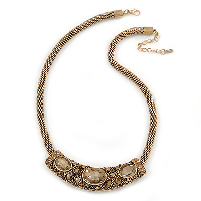 Vintage Inspired Mesh Chain With Champagne Crystal Sliding Bar Pendant Necklace In Gold Tone - 44cm L/ 4cm Ext - main view
