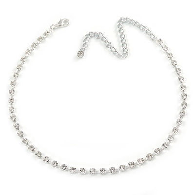 Single Row Clear Crystal Choker Necklace In Silver Tone Metal - 30cm L/ 11cm Ext - main view