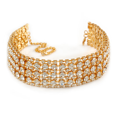 Statement Clear Crystal Choker Necklace In Gold Tone - 28cm L/ 12cm Ext - main view