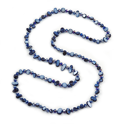 Long Inky Blue Shell Nugget and Glass Crystal Bead Necklace - 110cm L - main view