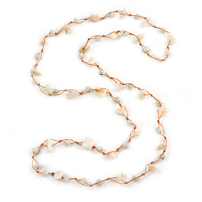 White Ceramic Bead, Off White Glass Nugget Orange Cotton Cord Long Necklace - 90cm L - main view