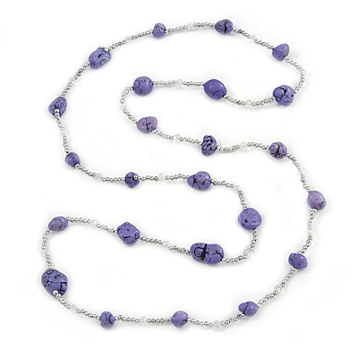 Long Purple Stone and Silver Tone Acrylic Bead Necklace - 118cm L - main view