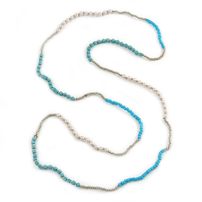 Long Turquoise Bead, Faux Pearl and Acrylic Bead Necklace - 124cm L