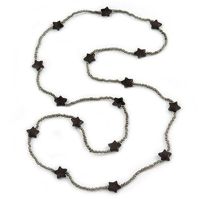 Long Black/ Hematite Glass Bead, Ceramic Star Necklace - 108cm L - main view