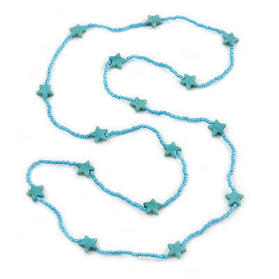 Long Light Blue Glass Bead, Ceramic Star Necklace - 108cm L