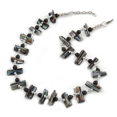 Slate Black Shell Nugget & Black Ceramic Bead Necklace In Silver Tone - 46cm L/ 3cm Ext - main view